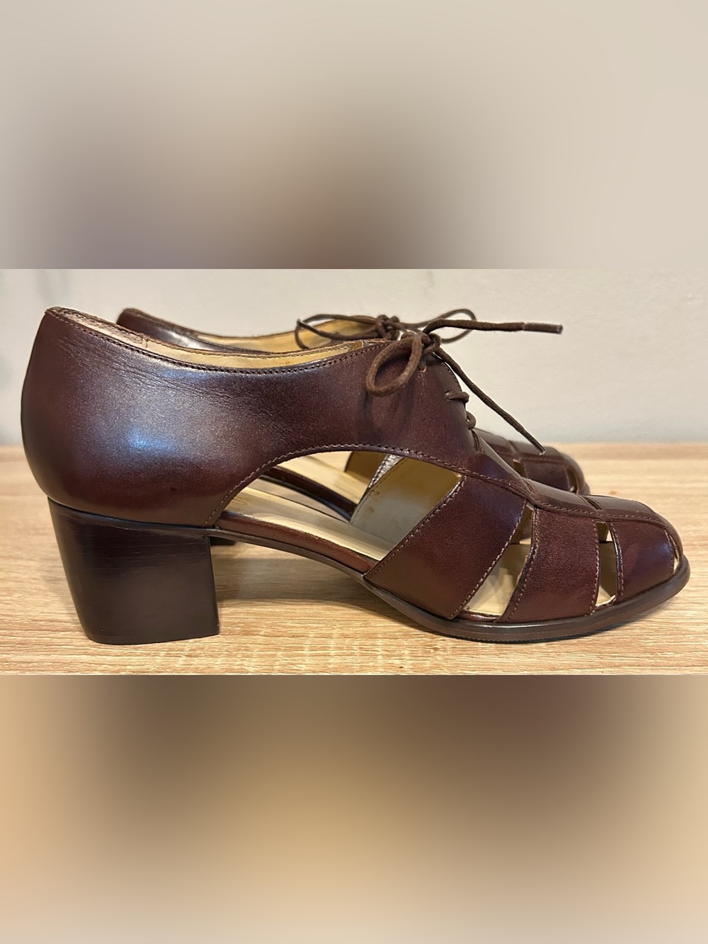 Classic Brown Leather Lace-Up Cutout Block Heel Pumps